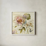 Marche de Fleurs III Crop by Lisa Audit. Shown in a crisp white glass frame for a clean and minimalist style. Available as an archival giclee rolled canvas, fine art paper, or poster print. SKU 5774a.