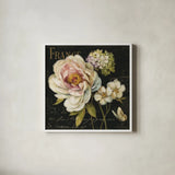 Marche de Fleurs III on Black by Lisa Audit. Shown in a crisp white glass frame for a clean and minimalist style. Available as an archival giclee rolled canvas, fine art paper, or poster print. SKU 7878a.
