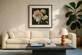 Marche de Fleurs III on Black by Lisa Audit. Displayed in a glass frame with matte in a clean modern living room. Available as an archival giclee rolled canvas, fine art paper, or poster print. SKU 7878a.