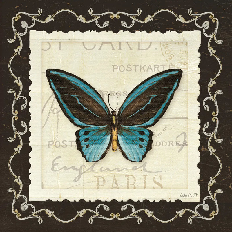 Marche de Fleurs Teal Butterfly by Lisa Audit. SKU 10305a. Archival Giclee Fine art print for wall decor.