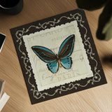 Marche de Fleurs Teal Butterfly by Lisa Audit. Shown as a detailed flat fine art print, highlighting archival giclee quality. Available as an archival giclee rolled canvas, fine art paper, or poster print. SKU 10305a.