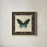 Marche de Fleurs Teal Butterfly by Lisa Audit. Shown in a natural wood glass frame for a timeless modern aesthetic. Available as an archival giclee rolled canvas, fine art paper, or poster print. SKU 10305a.