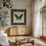 Marche de Fleurs Teal Butterfly by Lisa Audit. Shown in a natural wood frame in a cozy modern living room. Available as an archival giclee rolled canvas, fine art paper, or poster print. SKU 10305a.