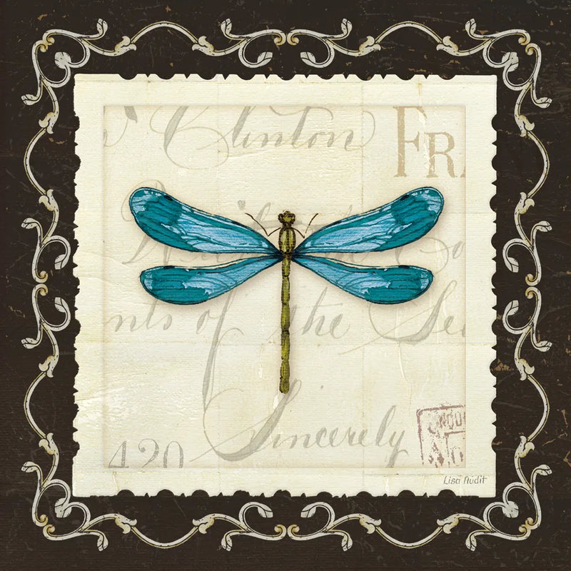 Marche de Fleurs Teal Dragonfly by Lisa Audit. SKU 10306a. Archival Giclee Fine art print for wall decor.