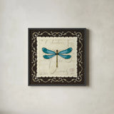 Marche de Fleurs Teal Dragonfly by Lisa Audit. Shown in a sleek black glass frame for a contemporary gallery look. Available as an archival giclee rolled canvas, fine art paper, or poster print. SKU 10306a.