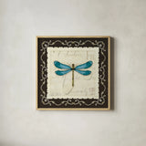 Marche de Fleurs Teal Dragonfly by Lisa Audit. Shown in a natural wood glass frame for a timeless modern aesthetic. Available as an archival giclee rolled canvas, fine art paper, or poster print. SKU 10306a.