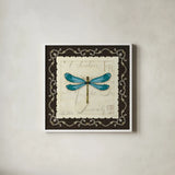Marche de Fleurs Teal Dragonfly by Lisa Audit. Shown in a crisp white glass frame for a clean and minimalist style. Available as an archival giclee rolled canvas, fine art paper, or poster print. SKU 10306a.