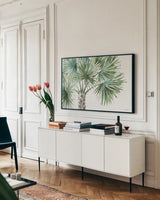 Mixed Greens I by Lisa Audit. shown as a framed stretched canvas in a living room above a console. Available as a archival giclee rolled canvas, fine art paper, or poster print. SKU 36459i.