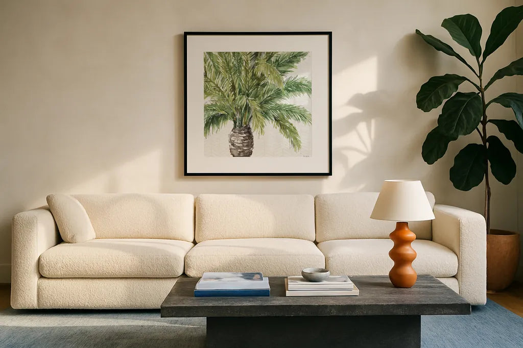Mixed Greens III by Lisa Audit. Displayed in a glass frame with matte in a clean modern living room. Available as an archival giclee rolled canvas, fine art paper, or poster print. SKU 36461a.