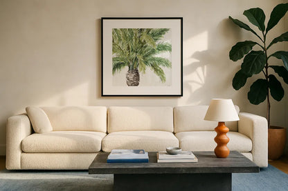 Mixed Greens III by Lisa Audit. Displayed in a glass frame with matte in a clean modern living room. Available as an archival giclee rolled canvas, fine art paper, or poster print. SKU 36461a.