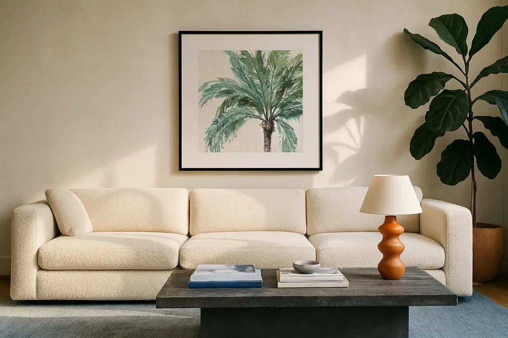 Mixed Greens IV by Lisa Audit. Displayed in a glass frame with matte in a clean modern living room. Available as an archival giclee rolled canvas, fine art paper, or poster print. SKU 36462a.