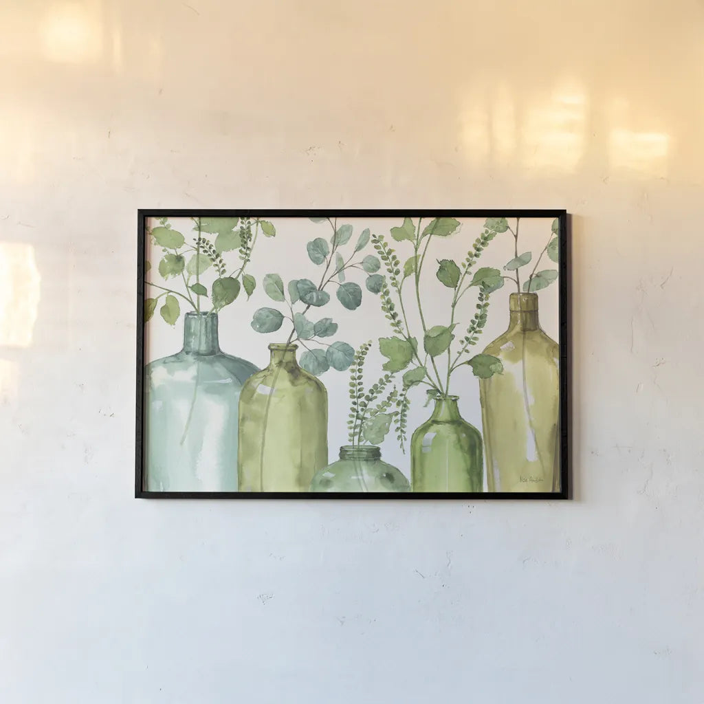 Mixed Greens L on White by Lisa Audit. shown as a paper print in a black flame. Available as a archival giclee rolled canvas, fine art paper, or poster print. SKU 85858i.