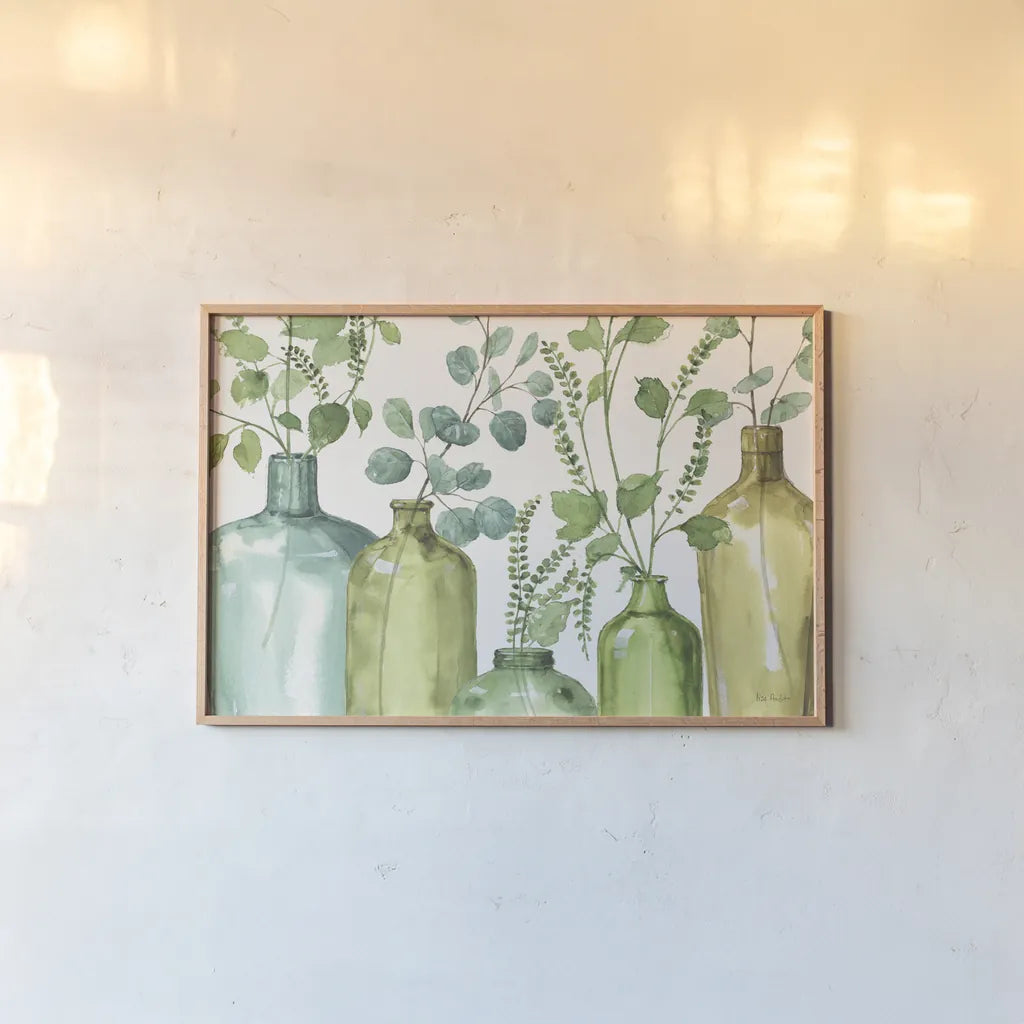 Mixed Greens L on White by Lisa Audit. shown as a paper print in a natural frame. Available as a archival giclee rolled canvas, fine art paper, or poster print. SKU 85858i.