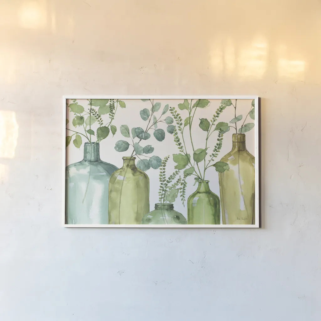 Mixed Greens L on White by Lisa Audit. shown as a paper print in a white frame. Available as a archival giclee rolled canvas, fine art paper, or poster print. SKU 85858i.