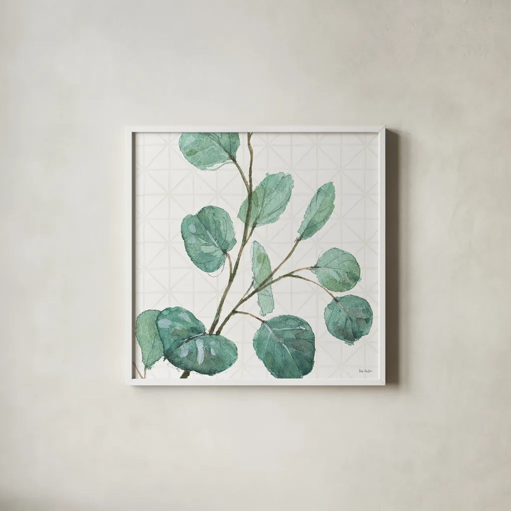 Mixed Greens LI by Lisa Audit. Shown in a crisp white glass frame for a clean and minimalist style. Available as an archival giclee rolled canvas, fine art paper, or poster print. SKU 36527a.