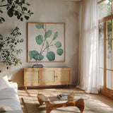 Mixed Greens LI by Lisa Audit. Shown in a natural wood frame in a cozy modern living room. Available as an archival giclee rolled canvas, fine art paper, or poster print. SKU 36527a.