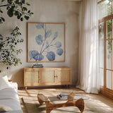Mixed Greens LI Blue by Lisa Audit. Shown in a natural wood frame in a cozy modern living room. Available as an archival giclee rolled canvas, fine art paper, or poster print. SKU 42752a.