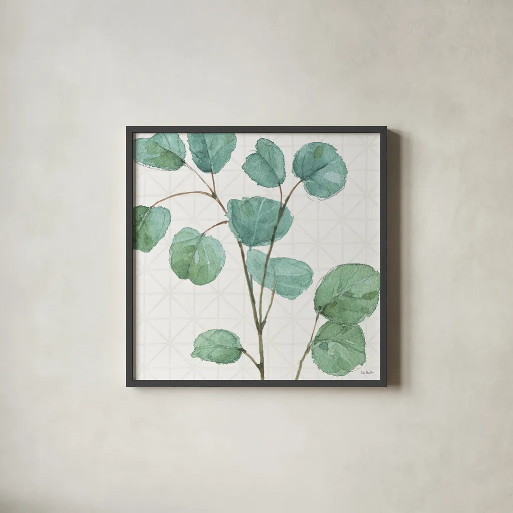 Mixed Greens LII by Lisa Audit. Shown in a sleek black glass frame for a contemporary gallery look. Available as an archival giclee rolled canvas, fine art paper, or poster print. SKU 36528a.