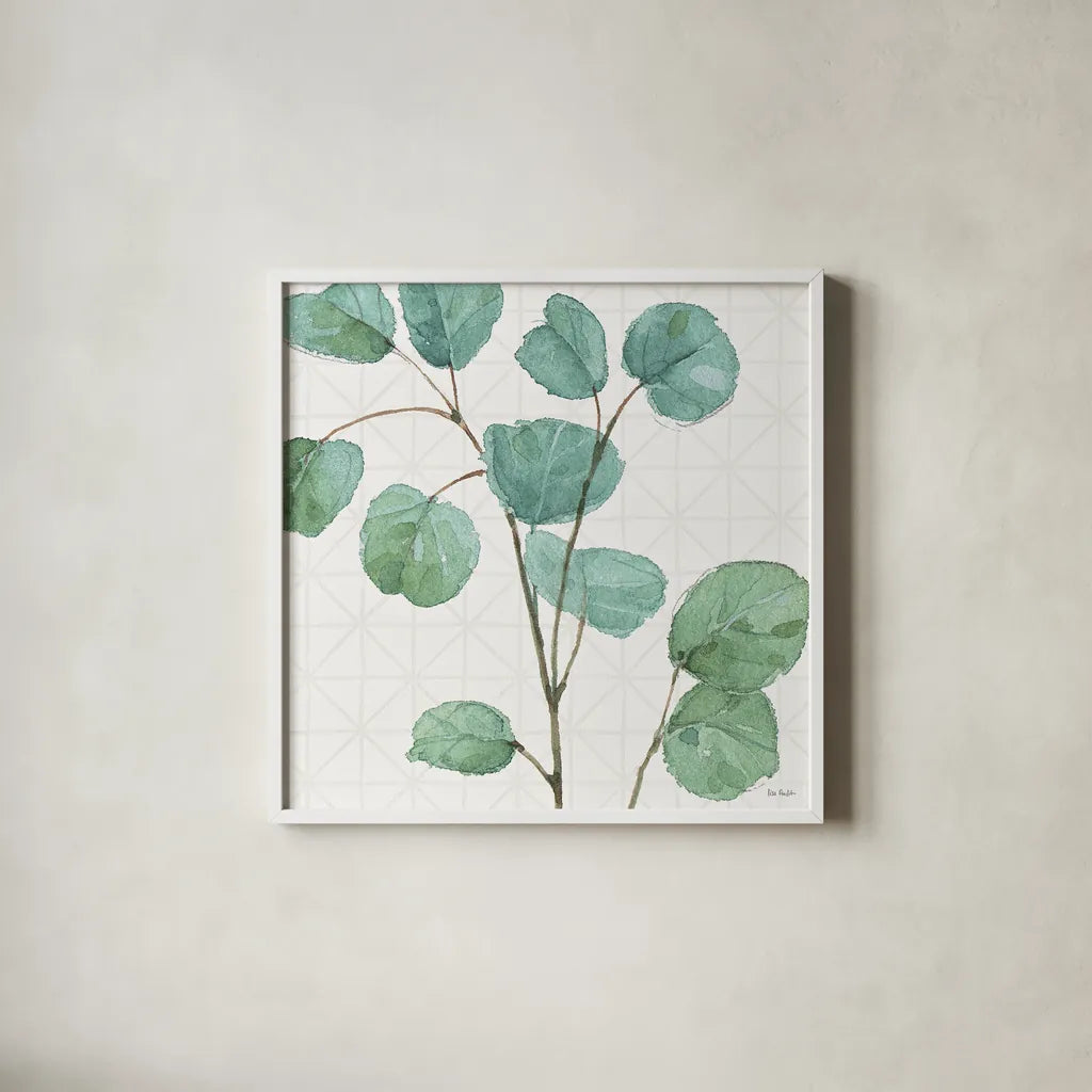 Mixed Greens LII by Lisa Audit. Shown in a crisp white glass frame for a clean and minimalist style. Available as an archival giclee rolled canvas, fine art paper, or poster print. SKU 36528a.