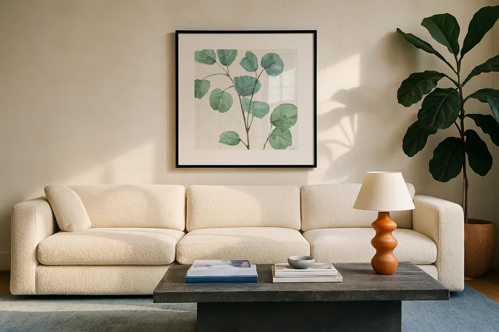 Mixed Greens LII by Lisa Audit. Displayed in a glass frame with matte in a clean modern living room. Available as an archival giclee rolled canvas, fine art paper, or poster print. SKU 36528a.