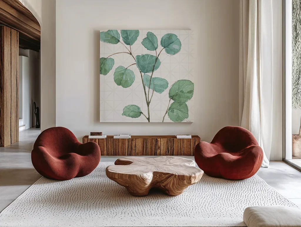 Mixed Greens LII by Lisa Audit. Shown as extra-large giant wall art in a modern living room. Available as an archival giclee rolled canvas, fine art paper, or poster print. SKU 36528a.