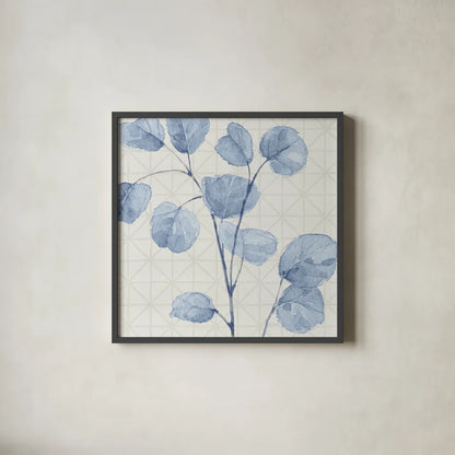 Mixed Greens LII Blue by Lisa Audit. Shown in a sleek black glass frame for a contemporary gallery look. Available as an archival giclee rolled canvas, fine art paper, or poster print. SKU 42753a.