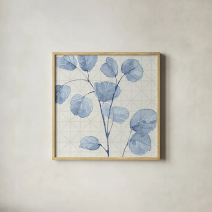 Mixed Greens LII Blue by Lisa Audit. Shown in a natural wood glass frame for a timeless modern aesthetic. Available as an archival giclee rolled canvas, fine art paper, or poster print. SKU 42753a.