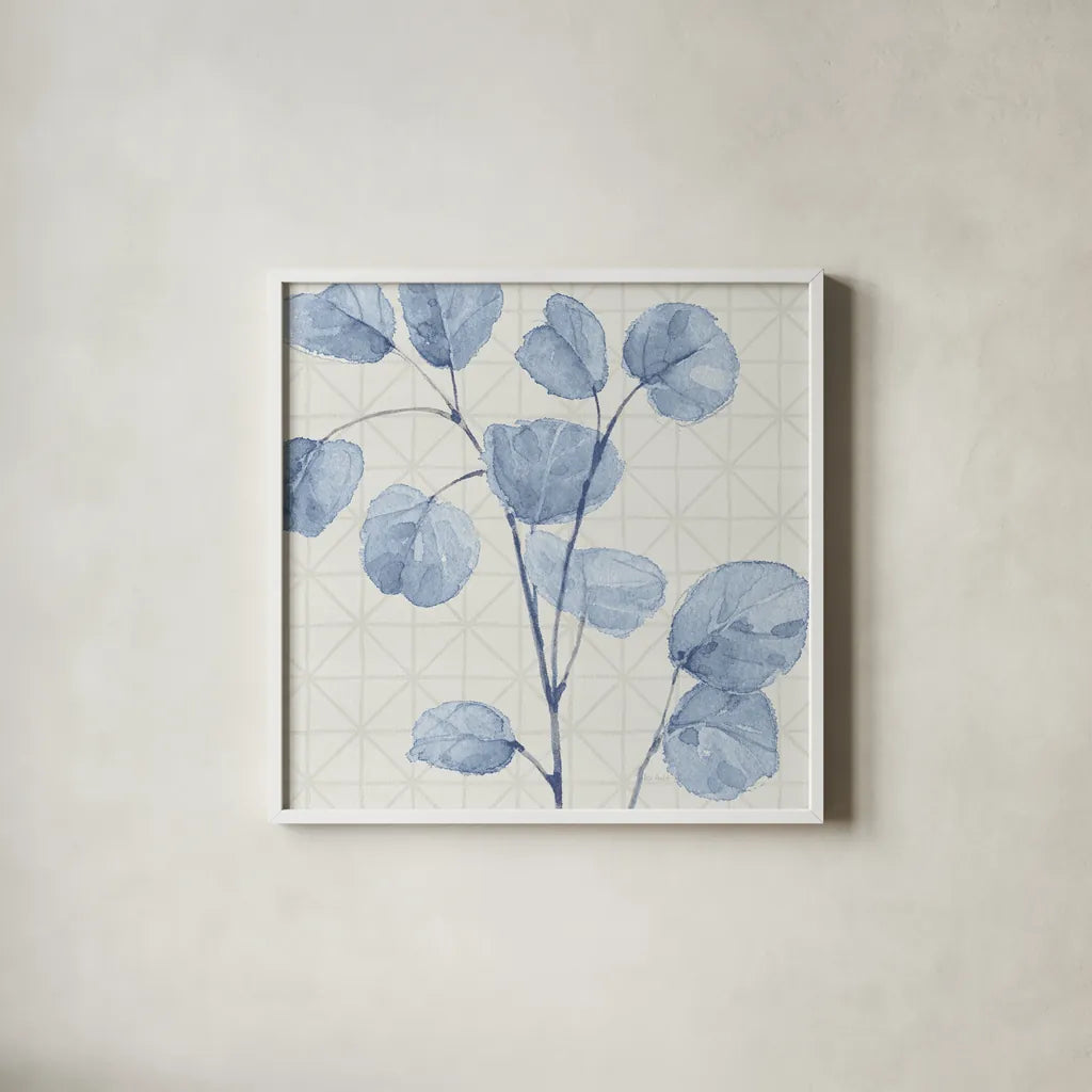 Mixed Greens LII Blue by Lisa Audit. Shown in a crisp white glass frame for a clean and minimalist style. Available as an archival giclee rolled canvas, fine art paper, or poster print. SKU 42753a.