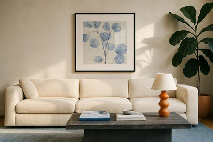 Mixed Greens LII Blue by Lisa Audit. Displayed in a glass frame with matte in a clean modern living room. Available as an archival giclee rolled canvas, fine art paper, or poster print. SKU 42753a.