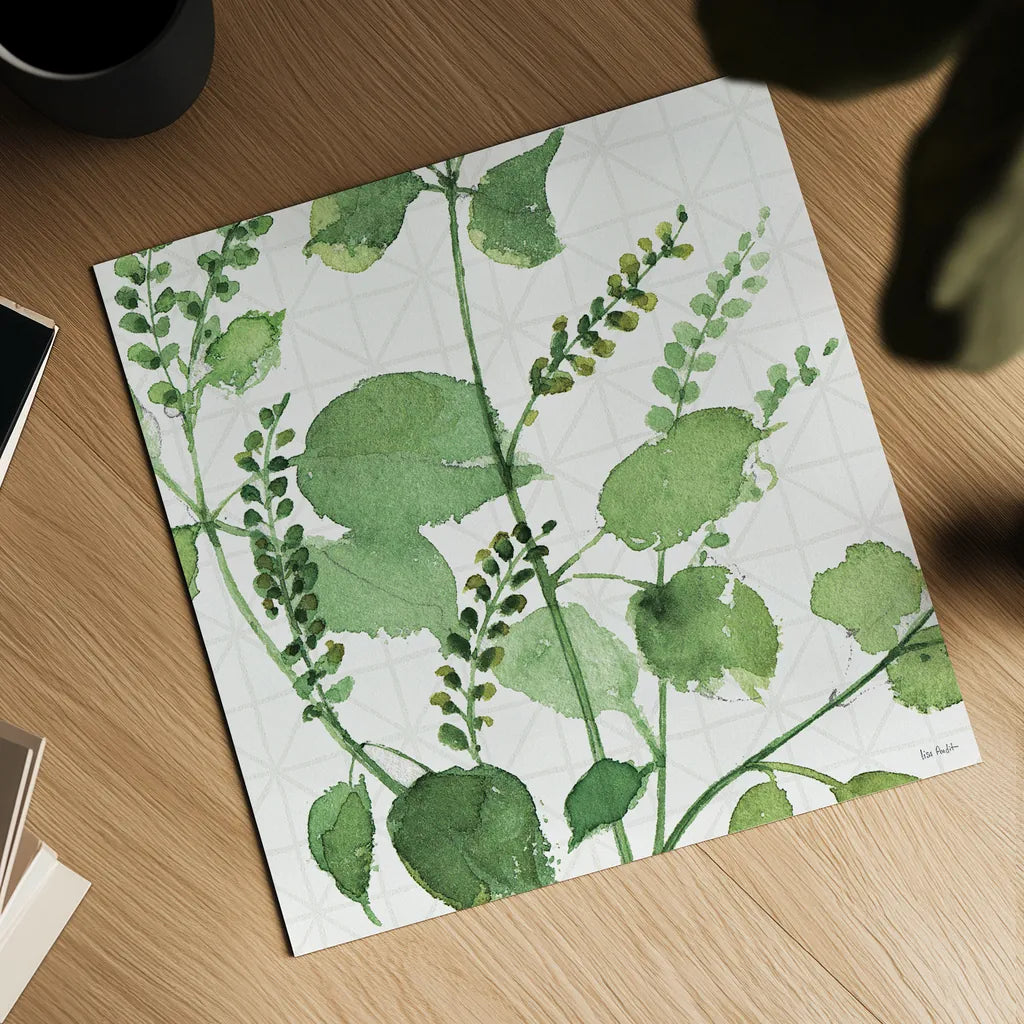 Mixed Greens LIII by Lisa Audit. Shown as a detailed flat fine art print, highlighting archival giclee quality. Available as an archival giclee rolled canvas, fine art paper, or poster print. SKU 36529a.