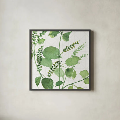 Mixed Greens LIII by Lisa Audit. Shown in a sleek black glass frame for a contemporary gallery look. Available as an archival giclee rolled canvas, fine art paper, or poster print. SKU 36529a.