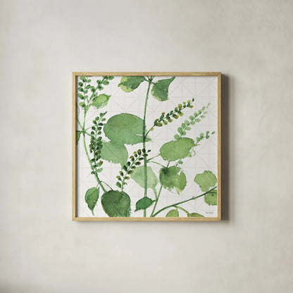 Mixed Greens LIII by Lisa Audit. Shown in a natural wood glass frame for a timeless modern aesthetic. Available as an archival giclee rolled canvas, fine art paper, or poster print. SKU 36529a.