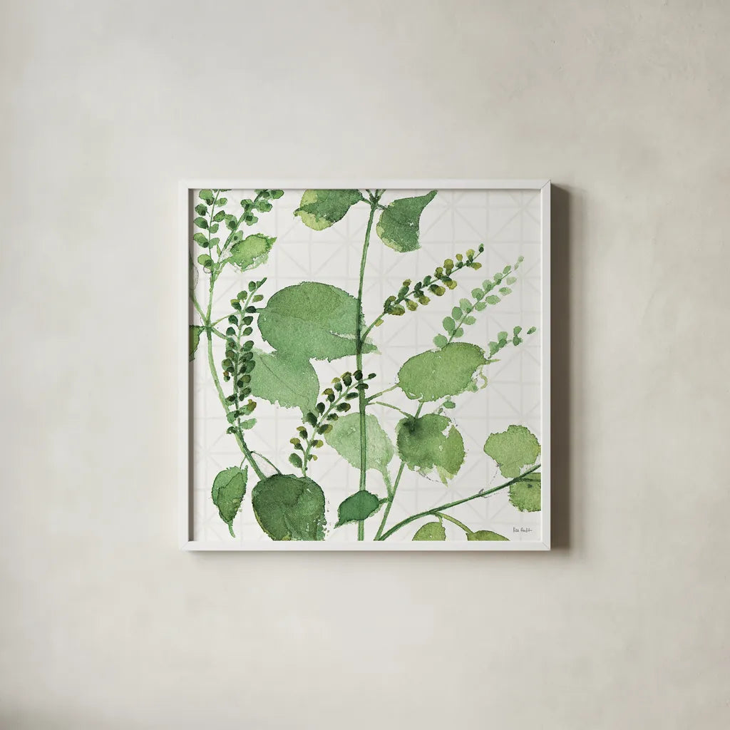 Mixed Greens LIII by Lisa Audit. Shown in a crisp white glass frame for a clean and minimalist style. Available as an archival giclee rolled canvas, fine art paper, or poster print. SKU 36529a.