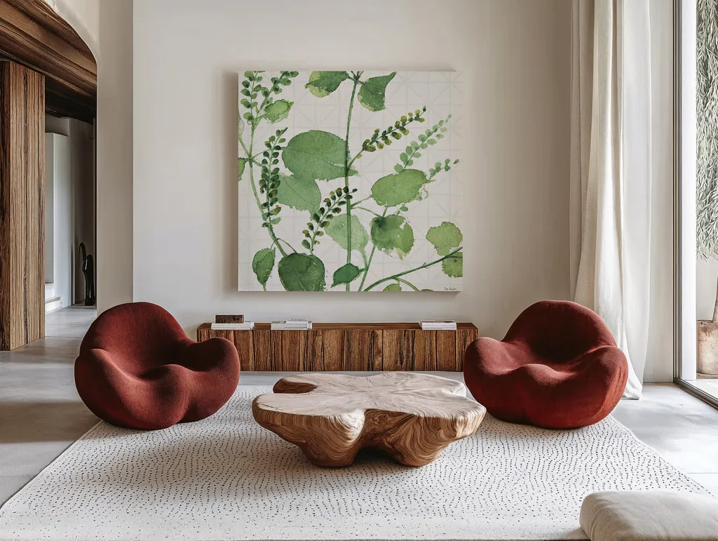 Mixed Greens LIII by Lisa Audit. Shown as extra-large giant wall art in a modern living room. Available as an archival giclee rolled canvas, fine art paper, or poster print. SKU 36529a.