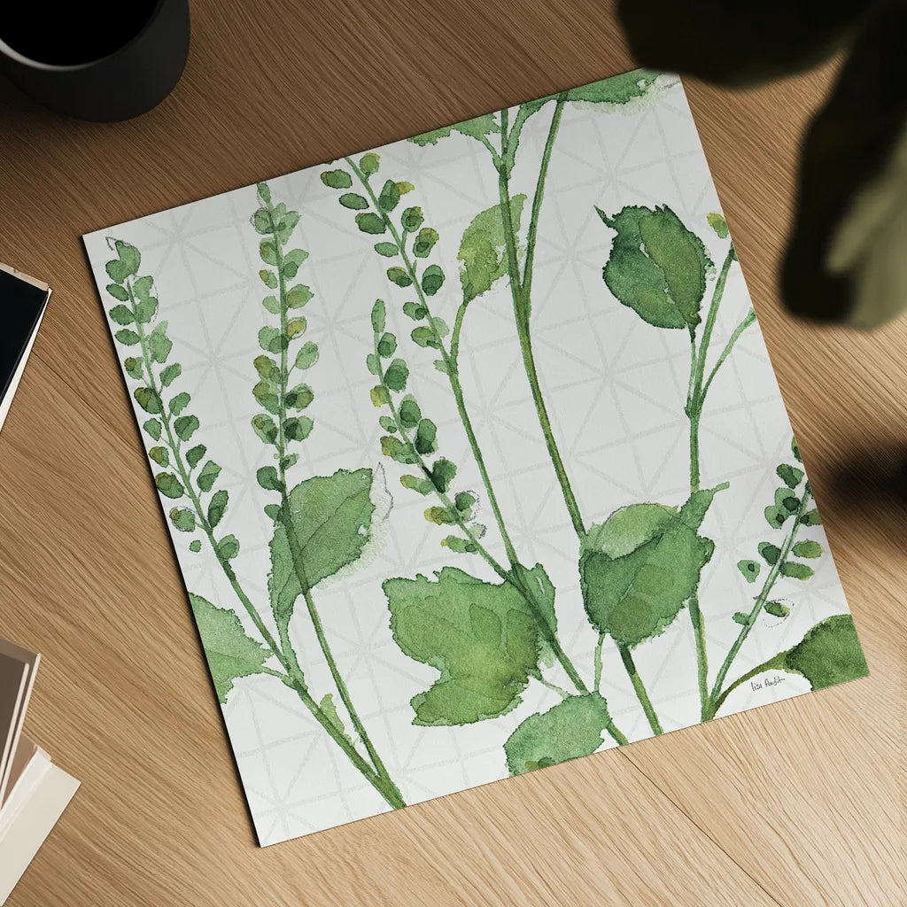 Mixed Greens LIV by Lisa Audit. Shown as a detailed flat fine art print, highlighting archival giclee quality. Available as an archival giclee rolled canvas, fine art paper, or poster print. SKU 36530a.