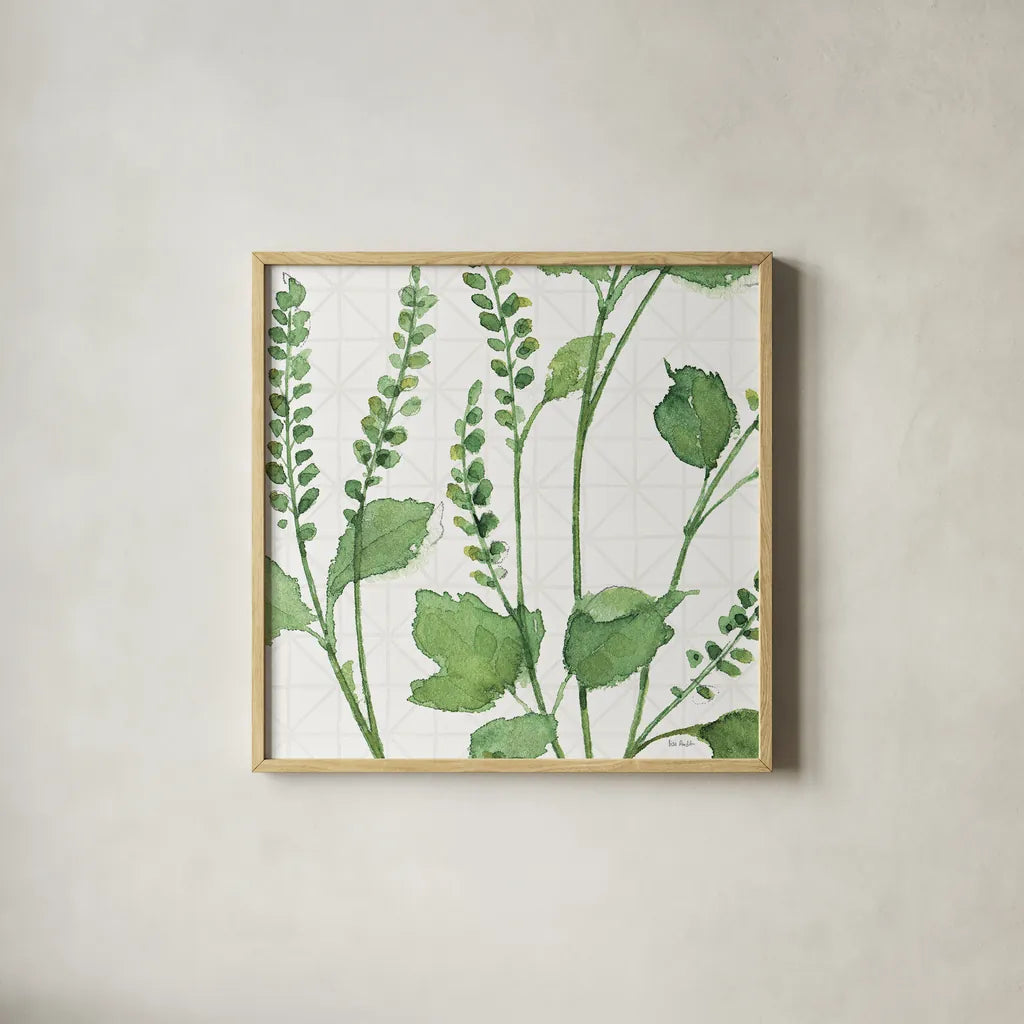 Mixed Greens LIV by Lisa Audit. Shown in a natural wood glass frame for a timeless modern aesthetic. Available as an archival giclee rolled canvas, fine art paper, or poster print. SKU 36530a.