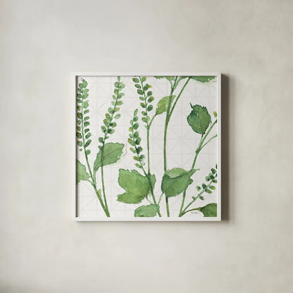 Mixed Greens LIV by Lisa Audit. Shown in a crisp white glass frame for a clean and minimalist style. Available as an archival giclee rolled canvas, fine art paper, or poster print. SKU 36530a.