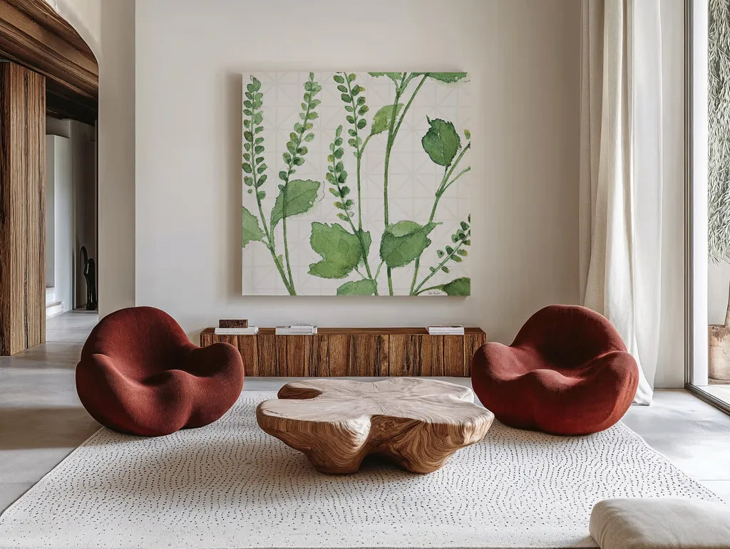 Mixed Greens LIV by Lisa Audit. Shown as extra-large giant wall art in a modern living room. Available as an archival giclee rolled canvas, fine art paper, or poster print. SKU 36530a.