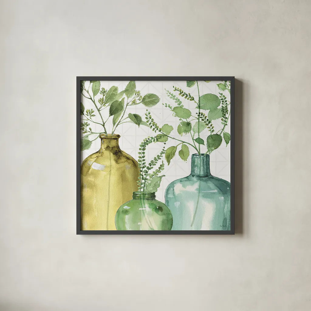Mixed Greens LV by Lisa Audit. Shown in a sleek black glass frame for a contemporary gallery look. Available as an archival giclee rolled canvas, fine art paper, or poster print. SKU 36531a.