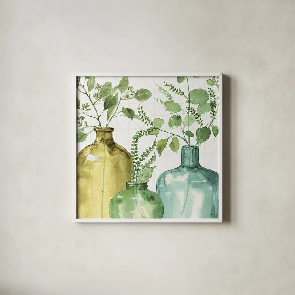 Mixed Greens LV by Lisa Audit. Shown in a crisp white glass frame for a clean and minimalist style. Available as an archival giclee rolled canvas, fine art paper, or poster print. SKU 36531a.