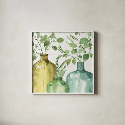 Mixed Greens LV by Lisa Audit. Shown in a crisp white glass frame for a clean and minimalist style. Available as an archival giclee rolled canvas, fine art paper, or poster print. SKU 36531a.