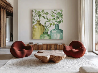 Mixed Greens LV by Lisa Audit. Shown as extra-large giant wall art in a modern living room. Available as an archival giclee rolled canvas, fine art paper, or poster print. SKU 36531a.