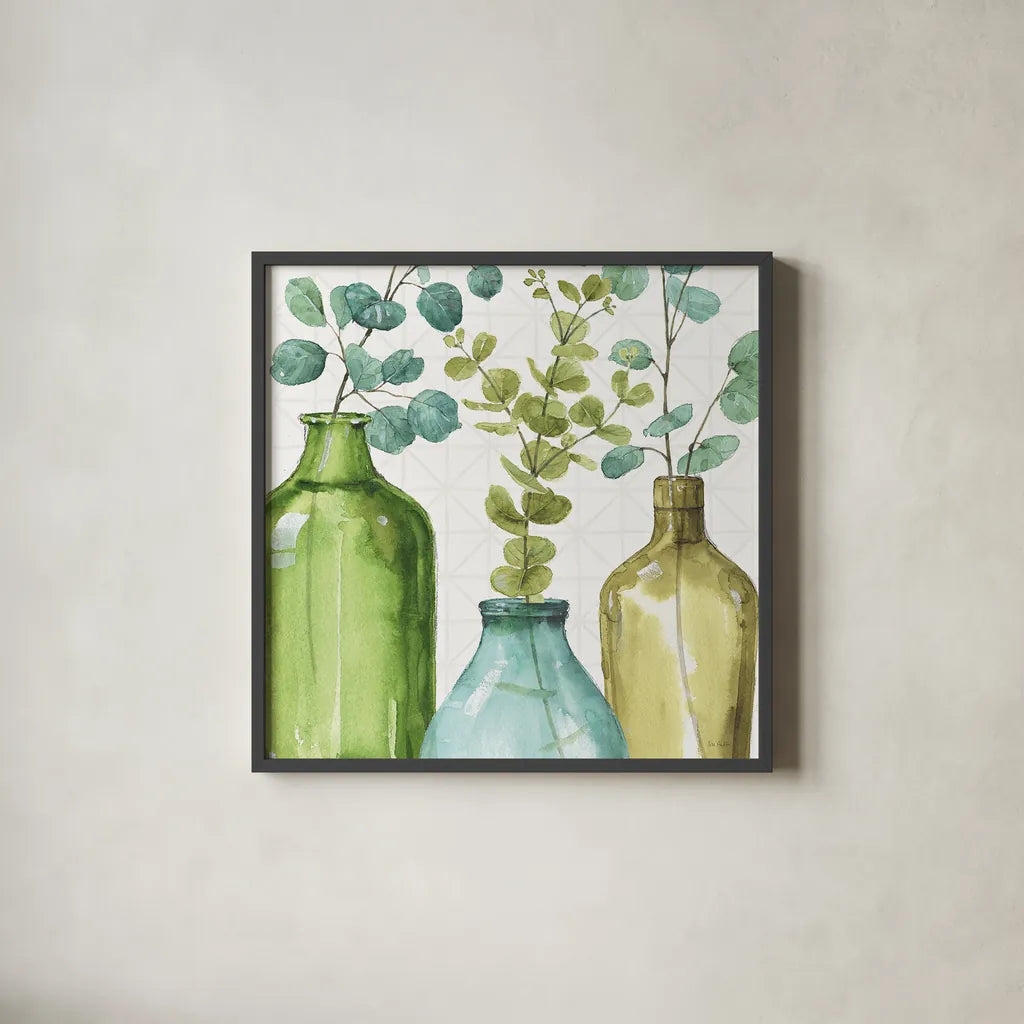 Mixed Greens LVI by Lisa Audit. Shown in a sleek black glass frame for a contemporary gallery look. Available as an archival giclee rolled canvas, fine art paper, or poster print. SKU 36532a.