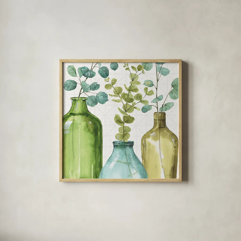 Mixed Greens LVI by Lisa Audit. Shown in a natural wood glass frame for a timeless modern aesthetic. Available as an archival giclee rolled canvas, fine art paper, or poster print. SKU 36532a.