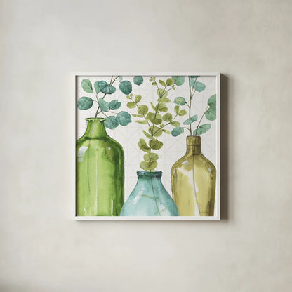 Mixed Greens LVI by Lisa Audit. Shown in a crisp white glass frame for a clean and minimalist style. Available as an archival giclee rolled canvas, fine art paper, or poster print. SKU 36532a.
