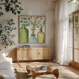 Mixed Greens LVI by Lisa Audit. Shown in a natural wood frame in a cozy modern living room. Available as an archival giclee rolled canvas, fine art paper, or poster print. SKU 36532a.