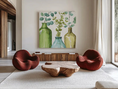 Mixed Greens LVI by Lisa Audit. Shown as extra-large giant wall art in a modern living room. Available as an archival giclee rolled canvas, fine art paper, or poster print. SKU 36532a.