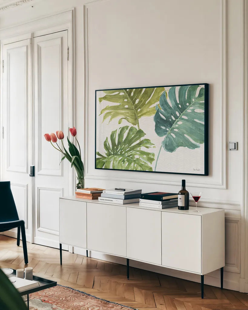 Mixed Greens LXIX by Lisa Audit. shown as a framed stretched canvas in a living room above a console. Available as a archival giclee rolled canvas, fine art paper, or poster print. SKU 36544i.