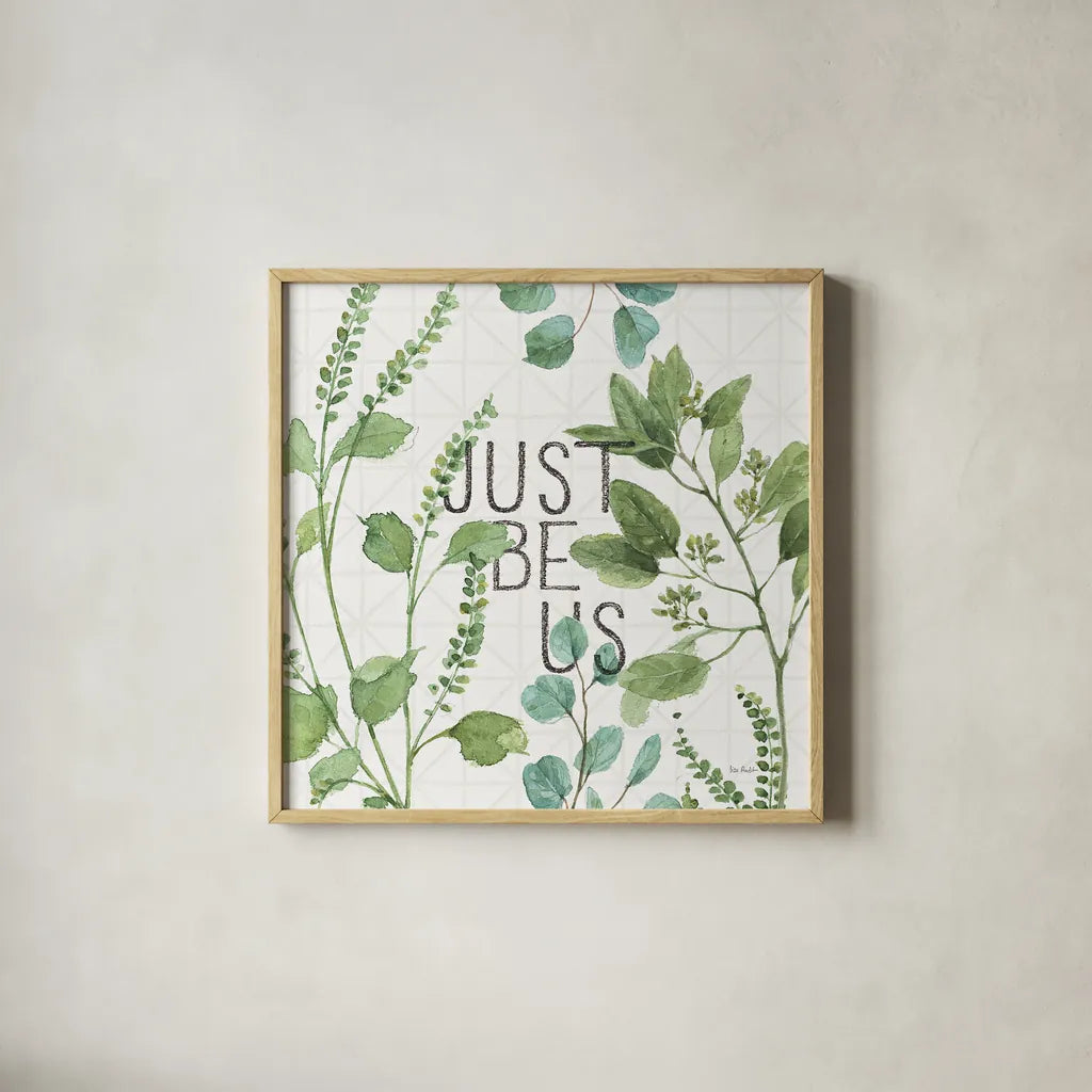 Mixed Greens LXV by Lisa Audit. Shown in a natural wood glass frame for a timeless modern aesthetic. Available as an archival giclee rolled canvas, fine art paper, or poster print. SKU 36540a.