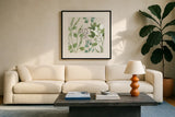Mixed Greens LXV by Lisa Audit. Displayed in a glass frame with matte in a clean modern living room. Available as an archival giclee rolled canvas, fine art paper, or poster print. SKU 36540a.